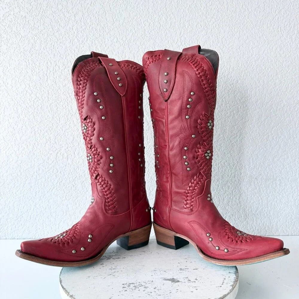 Lane COSSETTE Red Cowboy Boots Womens 9 Western Cowgirl Mid Calf Tall Snip Toe - Picture 7 of 11
